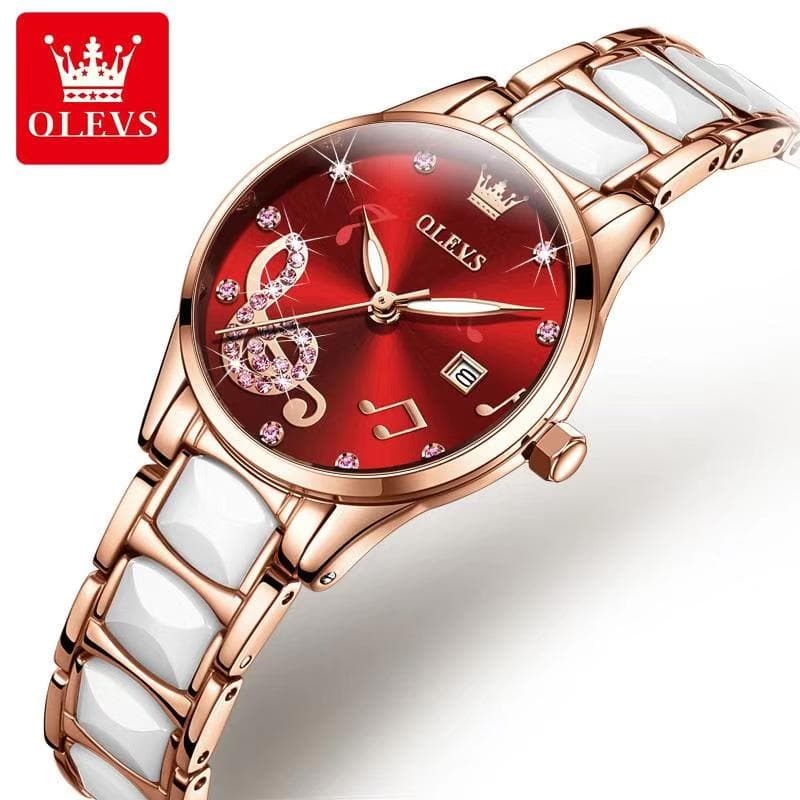 Olevs 3605 Fashion Diamond Ceramic Red Dial Quartz Waterproof Watch For Ladies